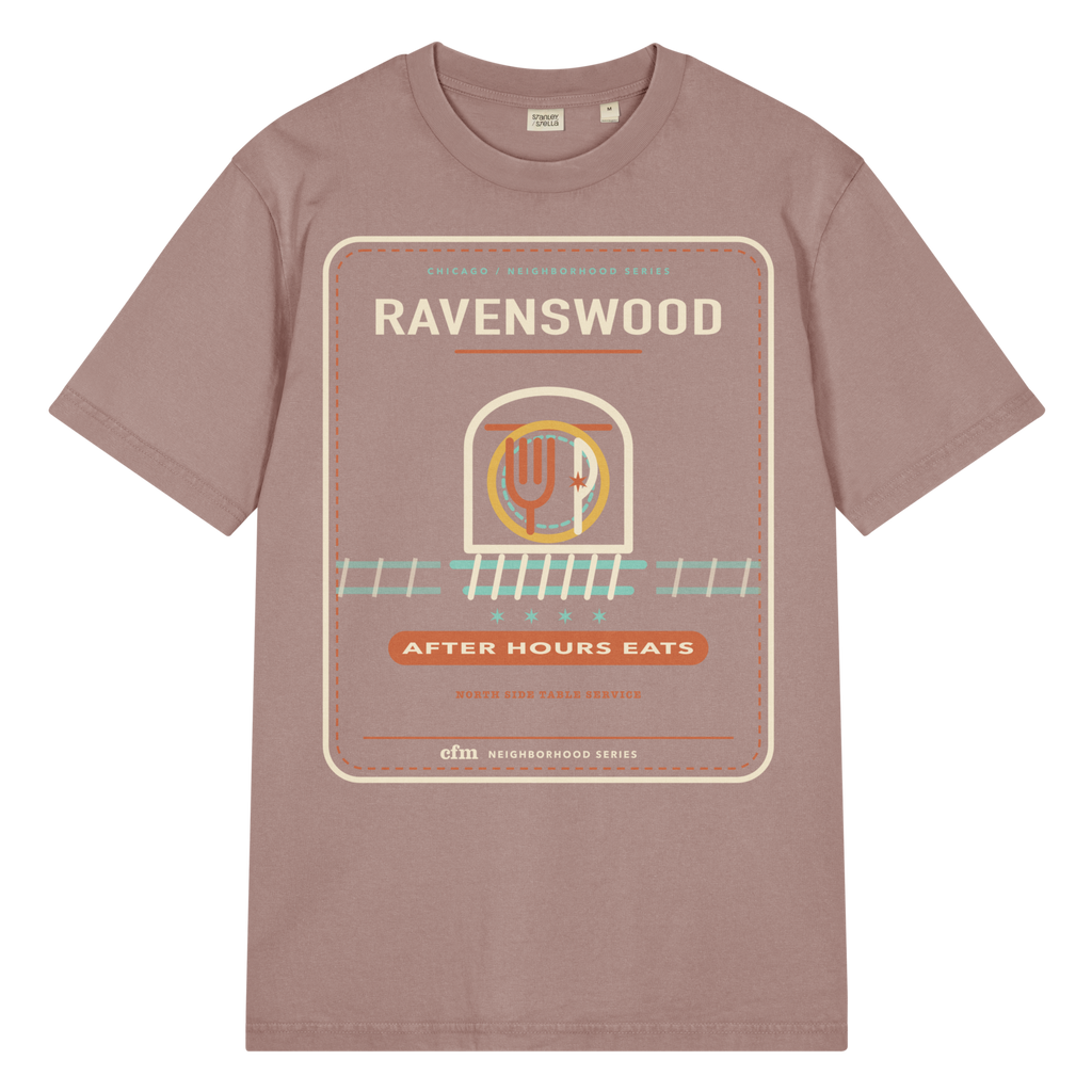 Ravenswood garment-dyed t-shirt in G. Dyed Kaffa Coffee, front view - Chicago Neighborhood Series