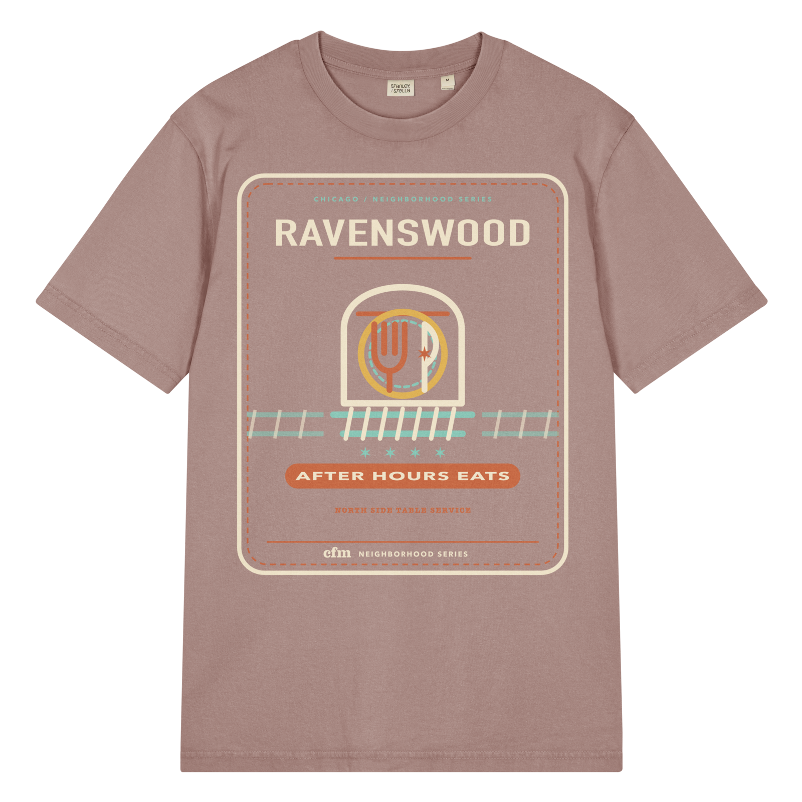 Ravenswood garment-dyed t-shirt in G. Dyed Kaffa Coffee, front view - Chicago Neighborhood Series