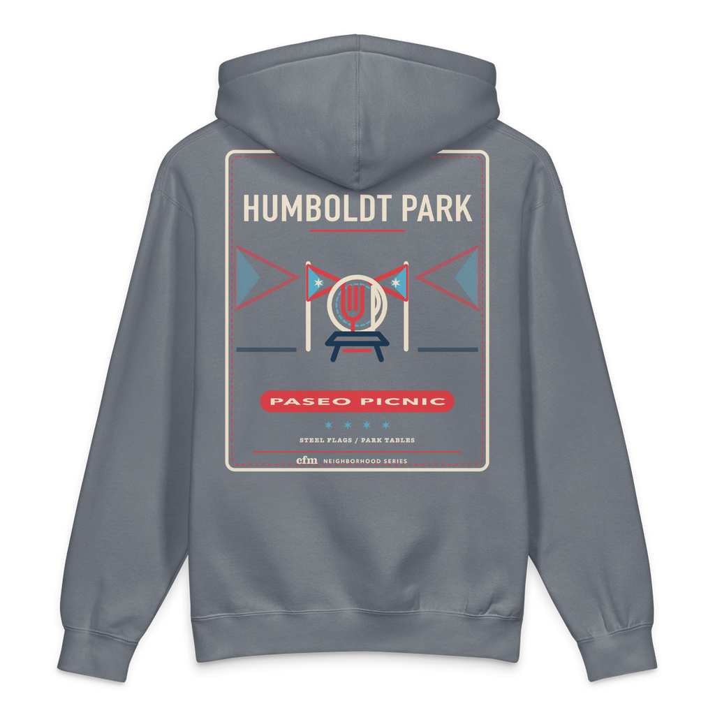 Humboldt Park heavyweight hoodie in Storm Blue, back view - Chicago Neighborhood Series