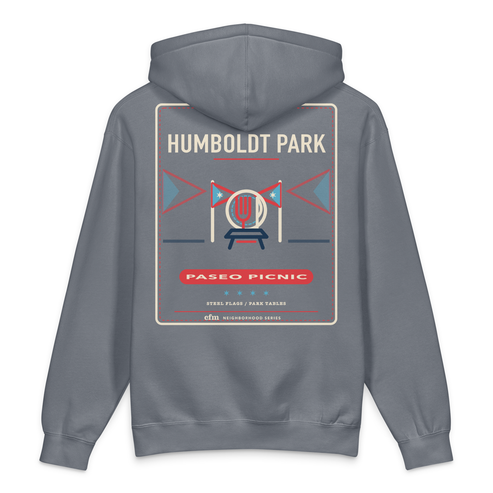 Humboldt Park heavyweight hoodie in Storm Blue, back view - Chicago Neighborhood Series