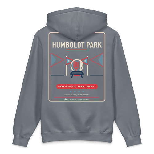 Humboldt Park heavyweight hoodie in Storm Blue, back view - Chicago Neighborhood Series