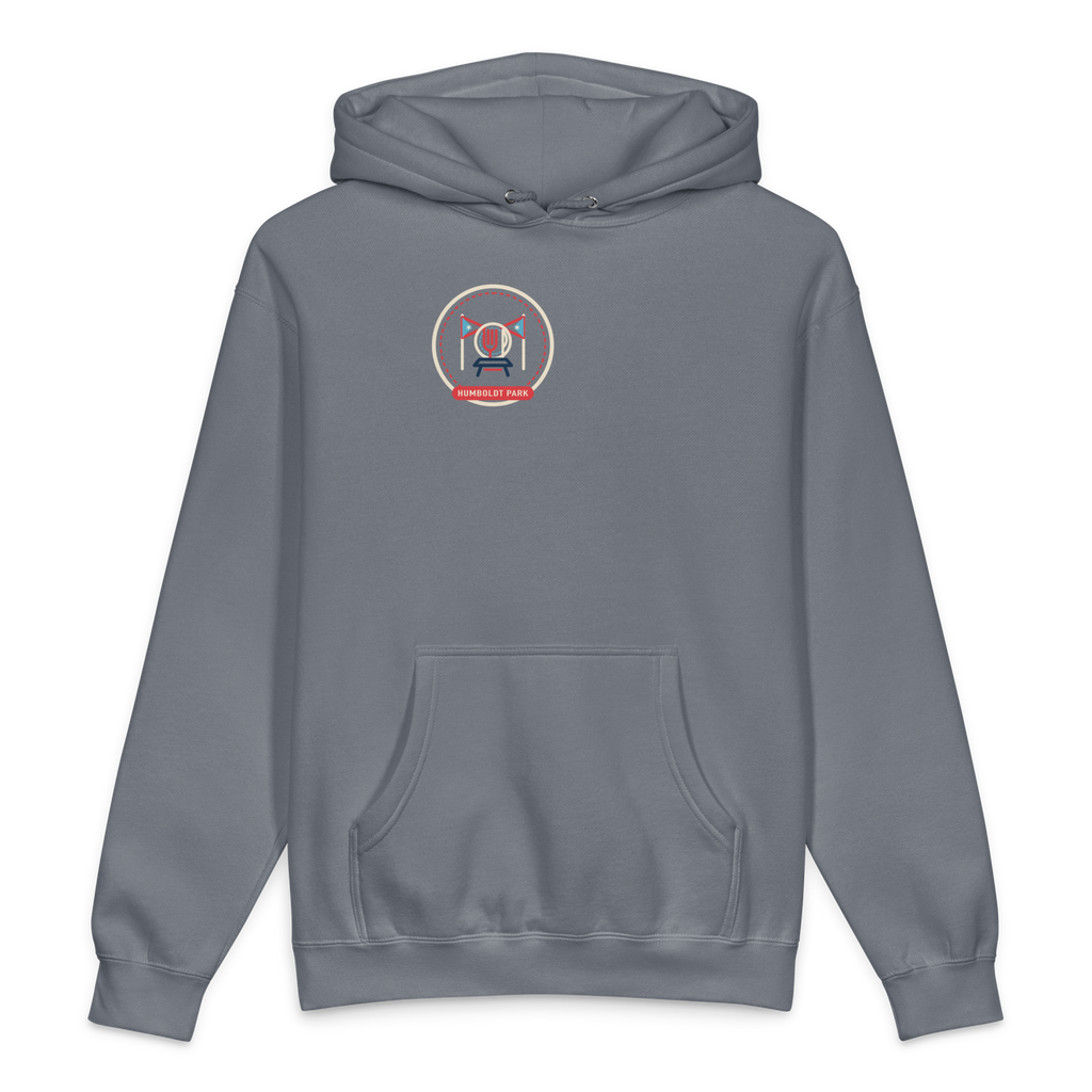 Humboldt Park heavyweight hoodie in Storm Blue, front view - Chicago Neighborhood Series