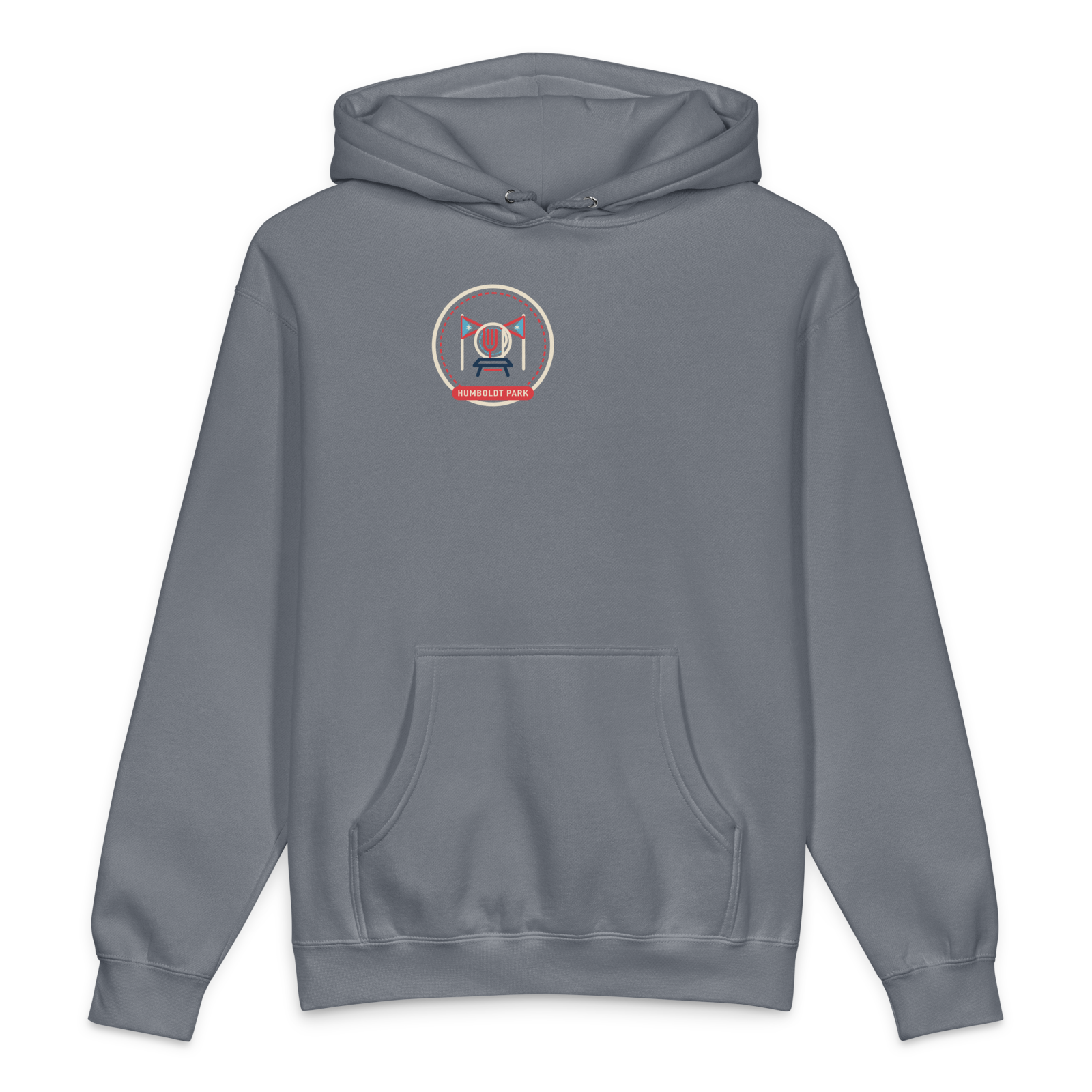 Humboldt Park heavyweight hoodie in Storm Blue, front view - Chicago Neighborhood Series