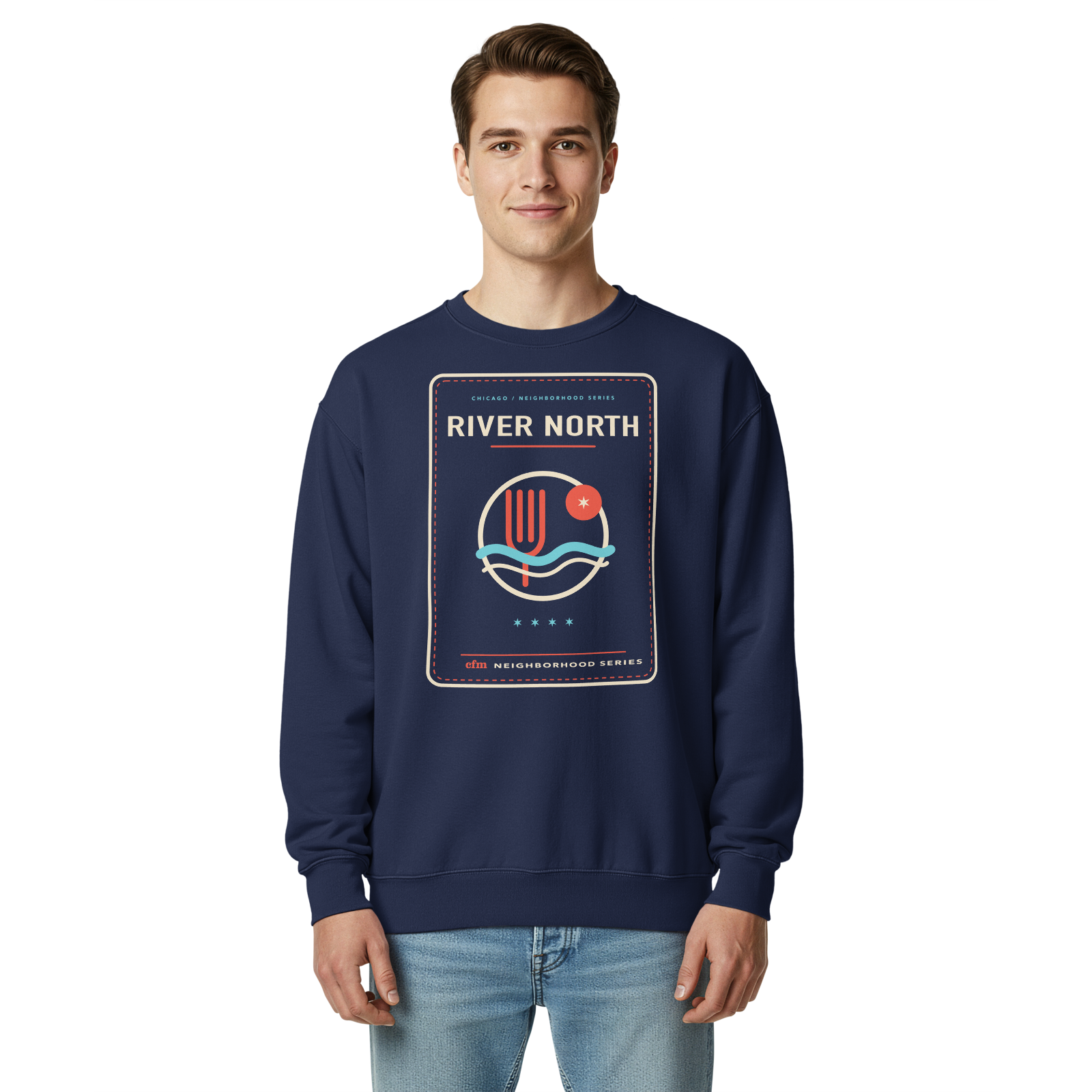 River North garment-dyed crewneck in True Navy, front view - Chicago Neighborhood Series