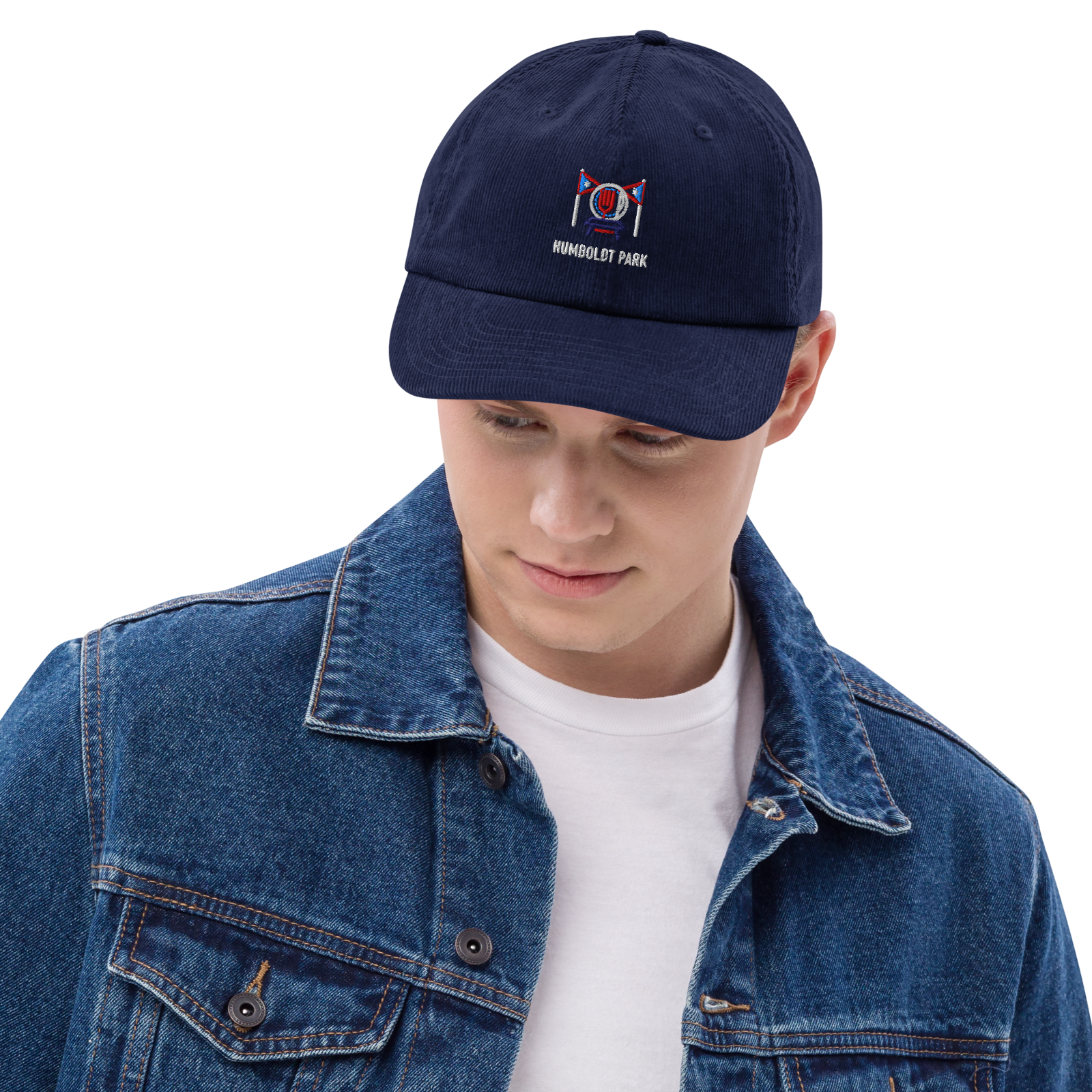 Humboldt Park corduroy cap in Oxford Navy, front view - Chicago Neighborhood Series