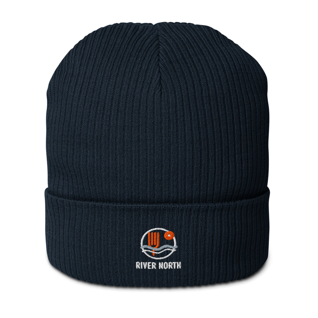 River North organic ribbed beanie in Oxford Navy, front view - Chicago Neighborhood Series