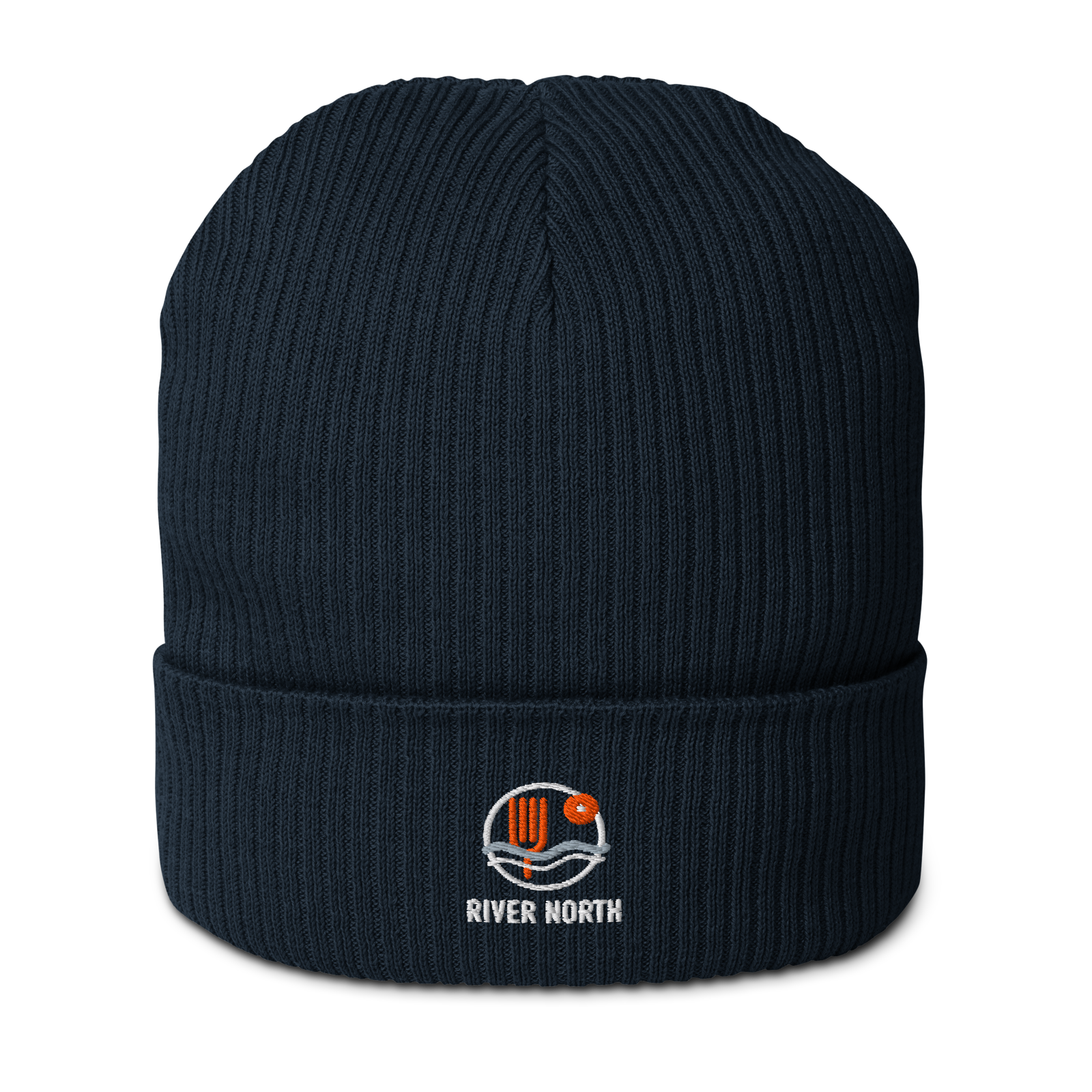 River North organic ribbed beanie in Oxford Navy, front view - Chicago Neighborhood Series