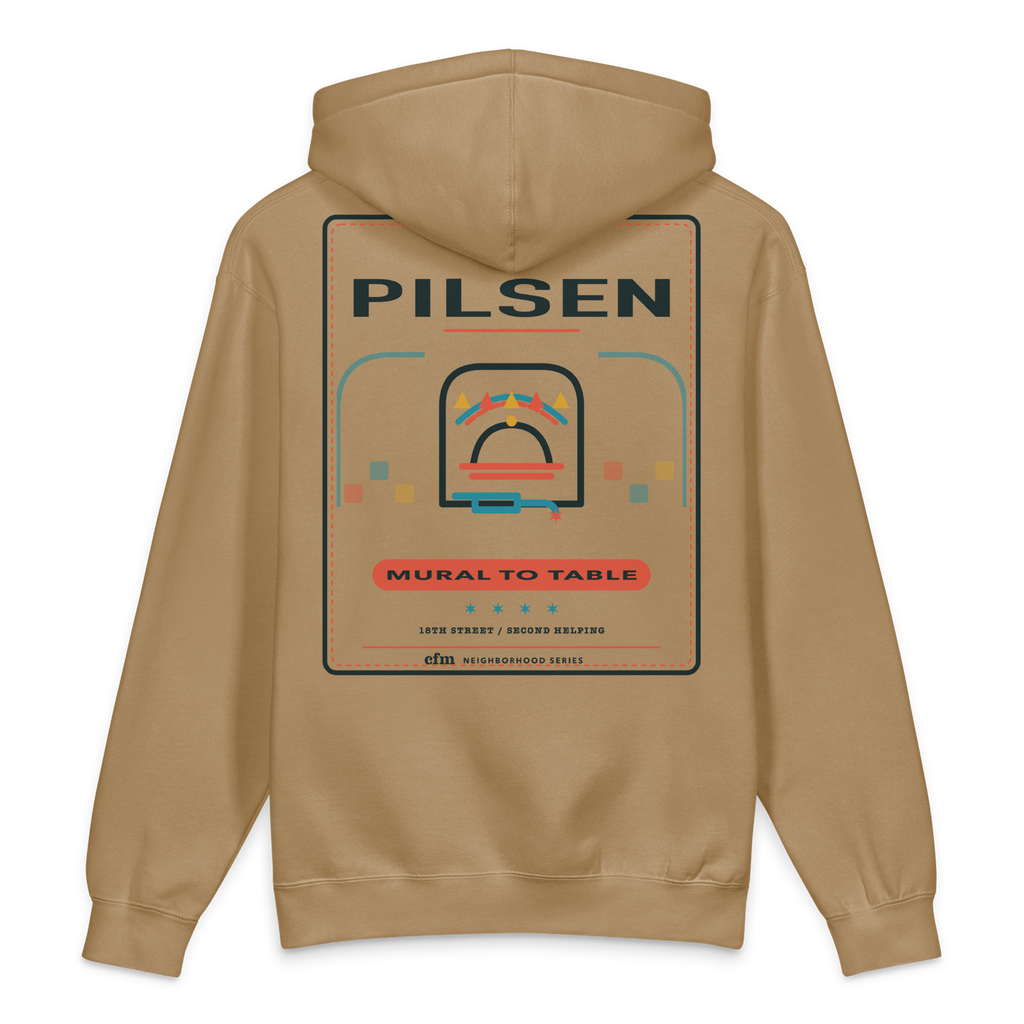 Pilsen heavyweight hoodie in Sandstone, back view - Chicago Neighborhood Series