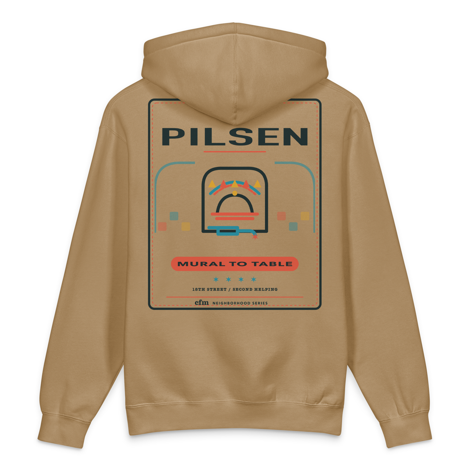 Pilsen heavyweight hoodie in Sandstone, back view - Chicago Neighborhood Series