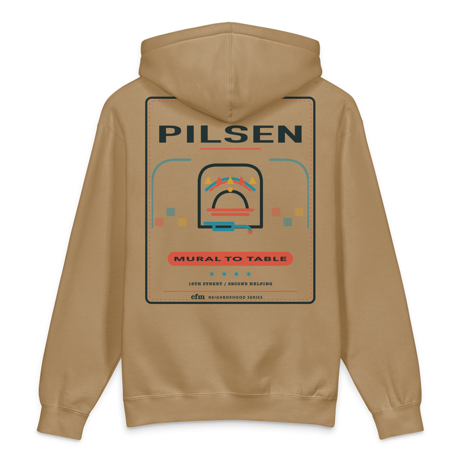 Pilsen heavyweight hoodie in Sandstone, back view - Chicago Neighborhood Series
