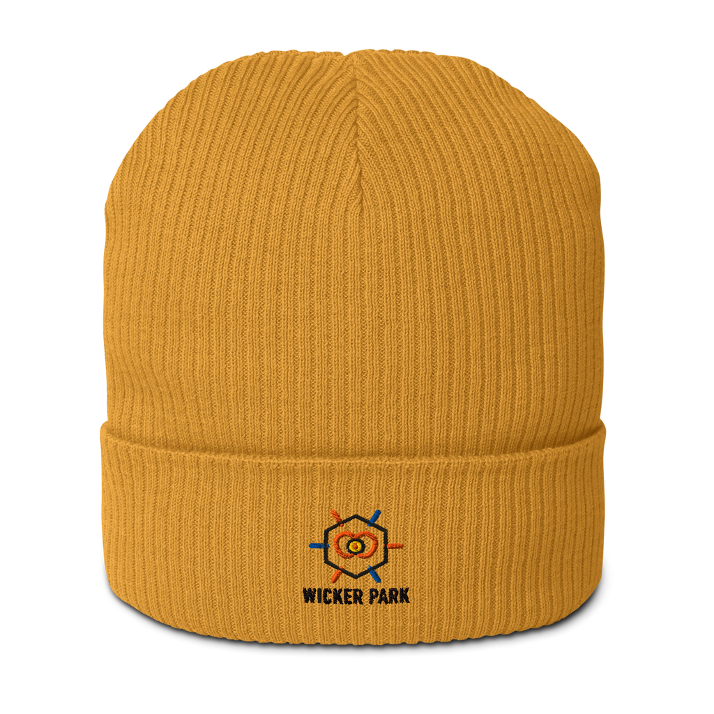 Wicker Park organic ribbed beanie in Mustard Yellow, front view - Chicago Neighborhood Series