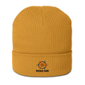 Wicker Park organic ribbed beanie in Mustard Yellow, front view - Chicago Neighborhood Series
