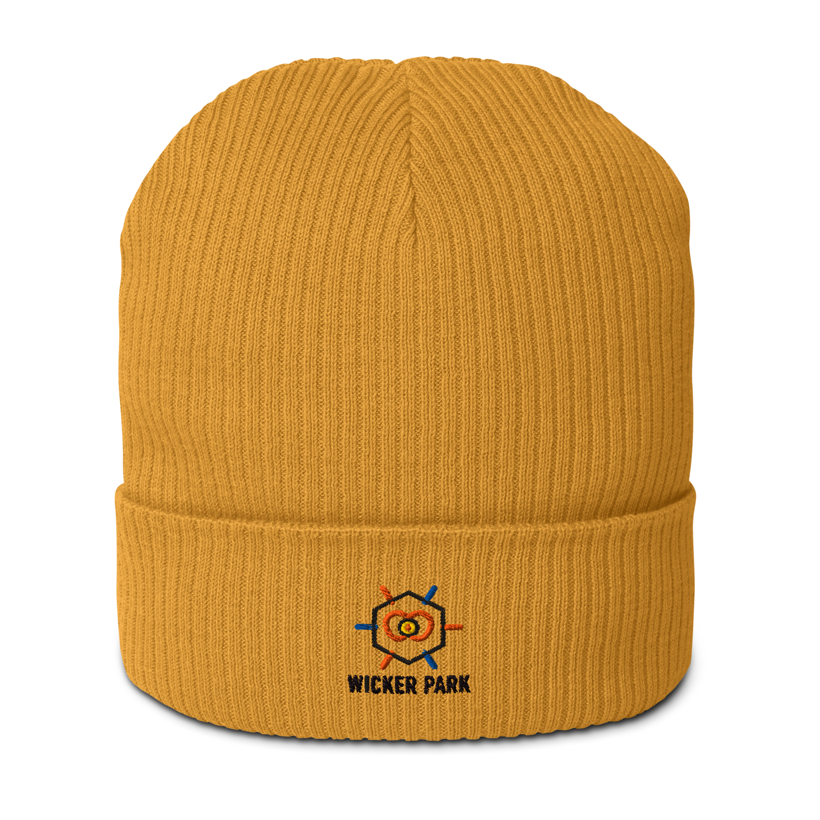Wicker Park organic ribbed beanie in Mustard Yellow, front view - Chicago Neighborhood Series