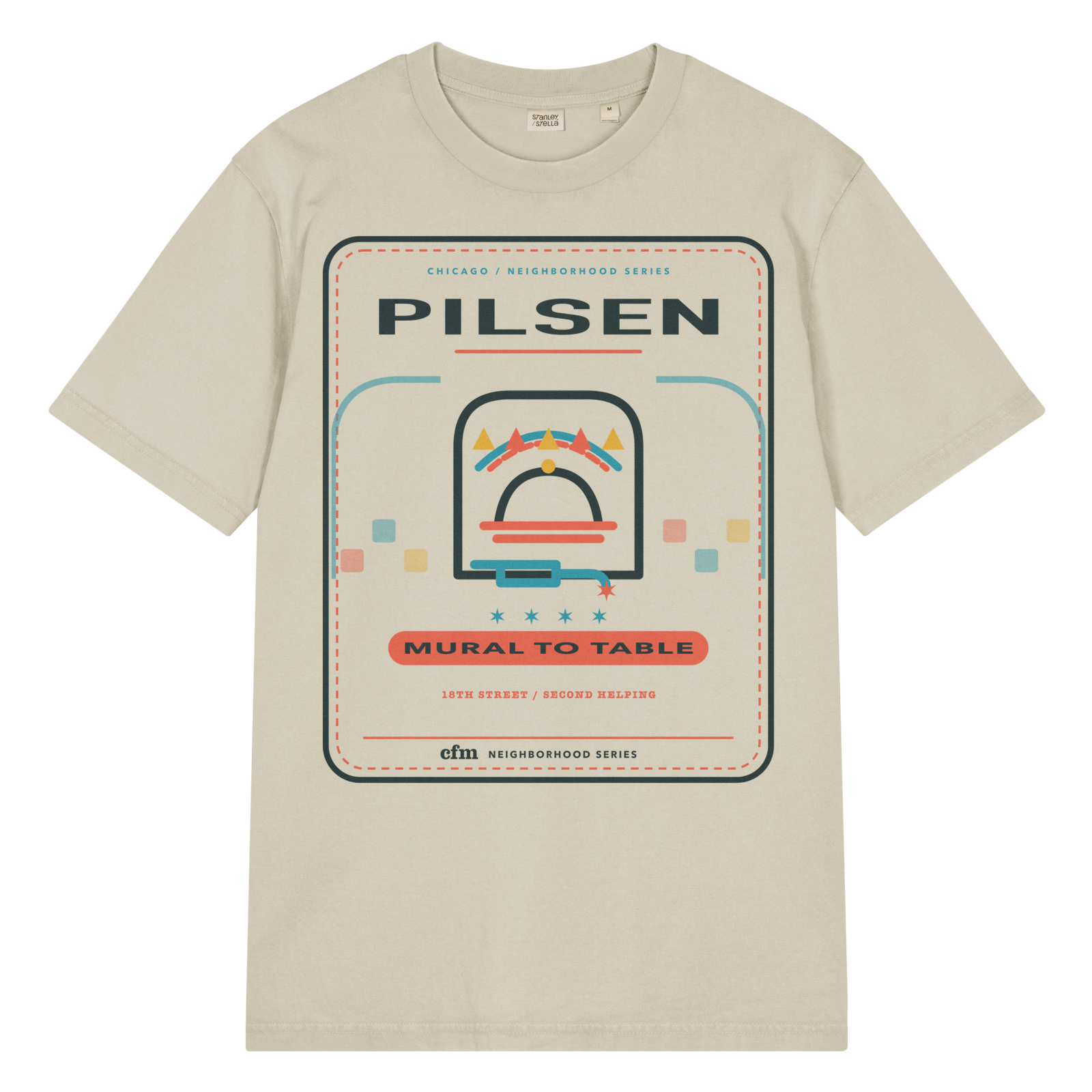 Pilsen garment-dyed t-shirt in G. Dyed Stone, front view - Chicago Neighborhood Series