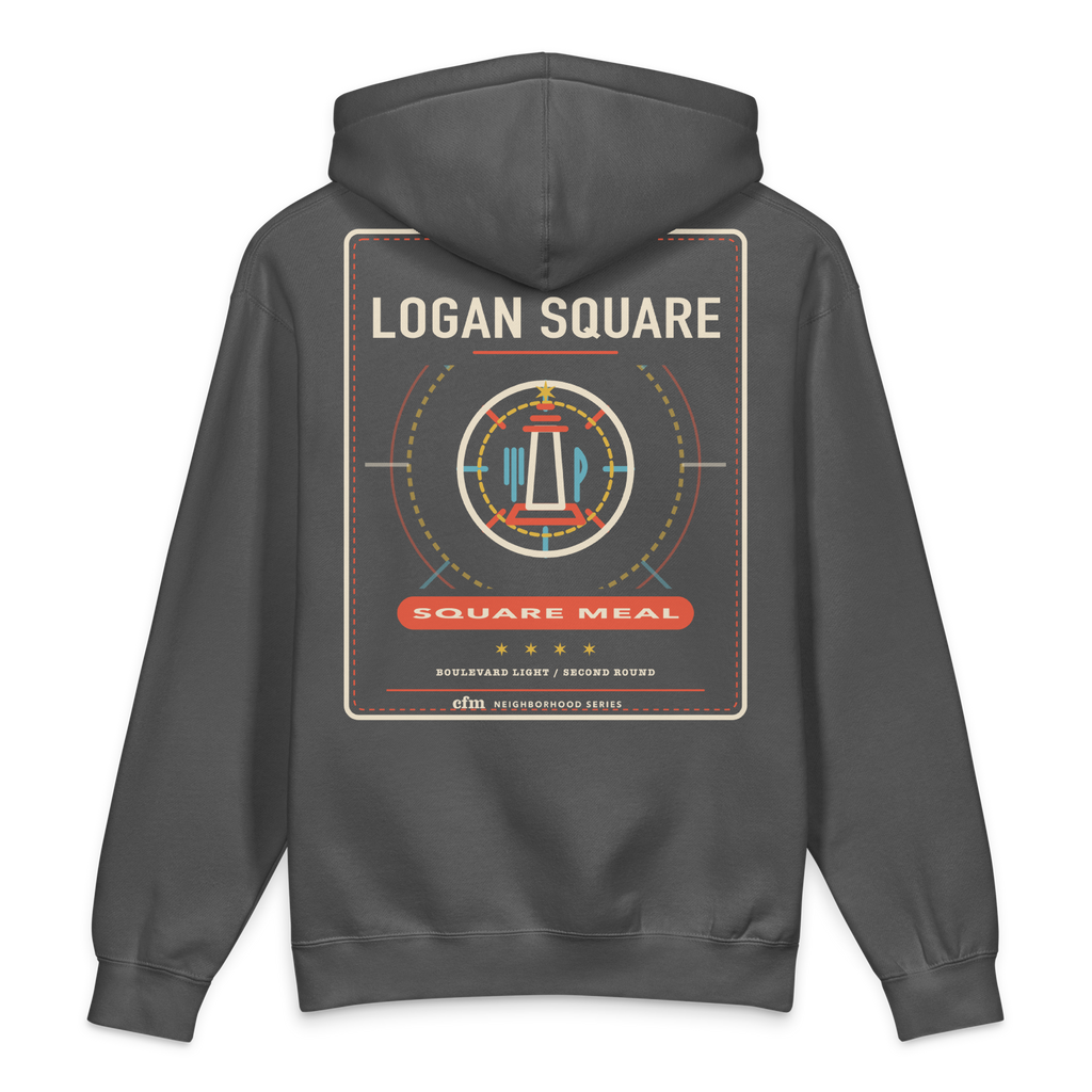Logan Square heavyweight hoodie in Charcoal Solid, back view - Chicago Neighborhood Series