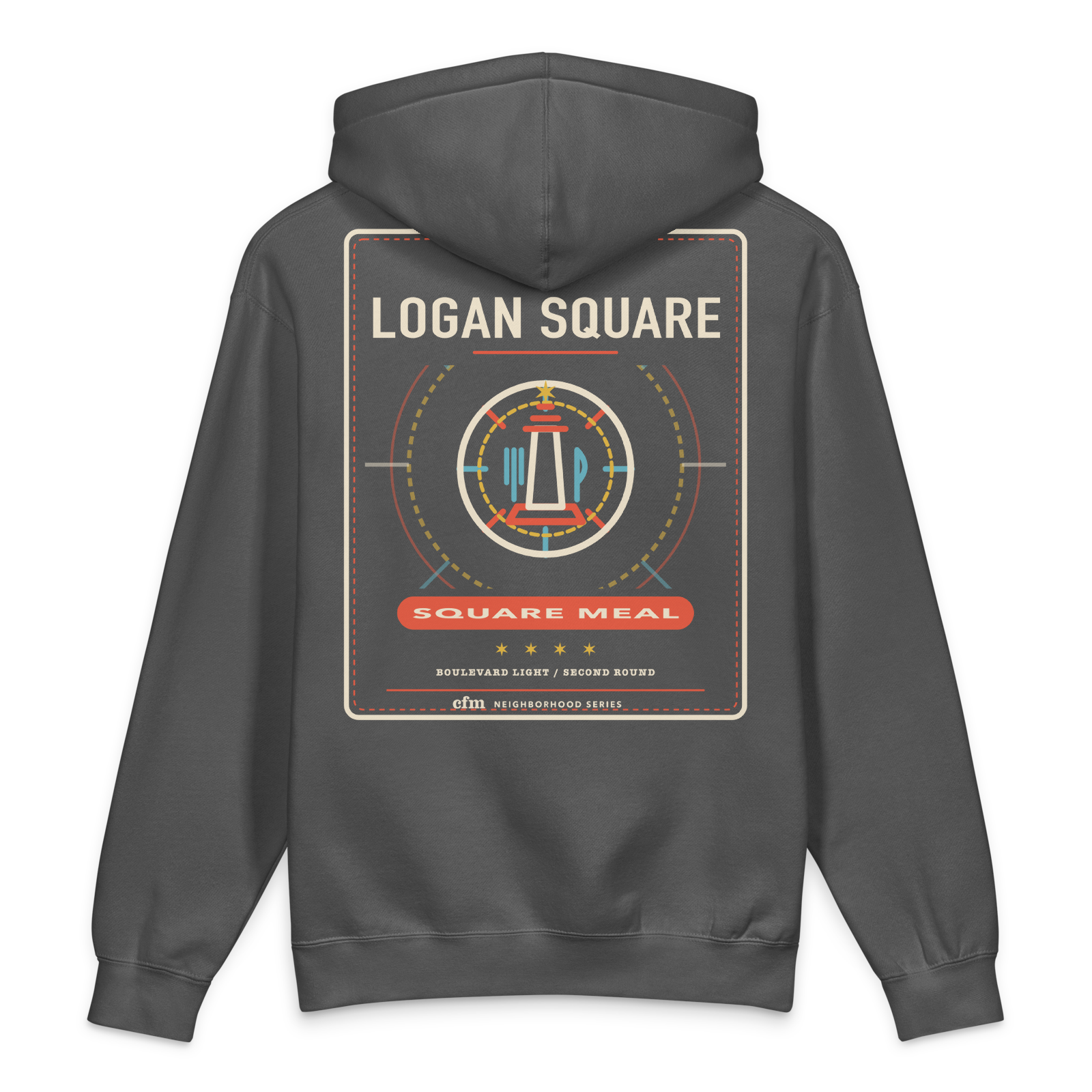 Logan Square heavyweight hoodie in Charcoal Solid, back view - Chicago Neighborhood Series