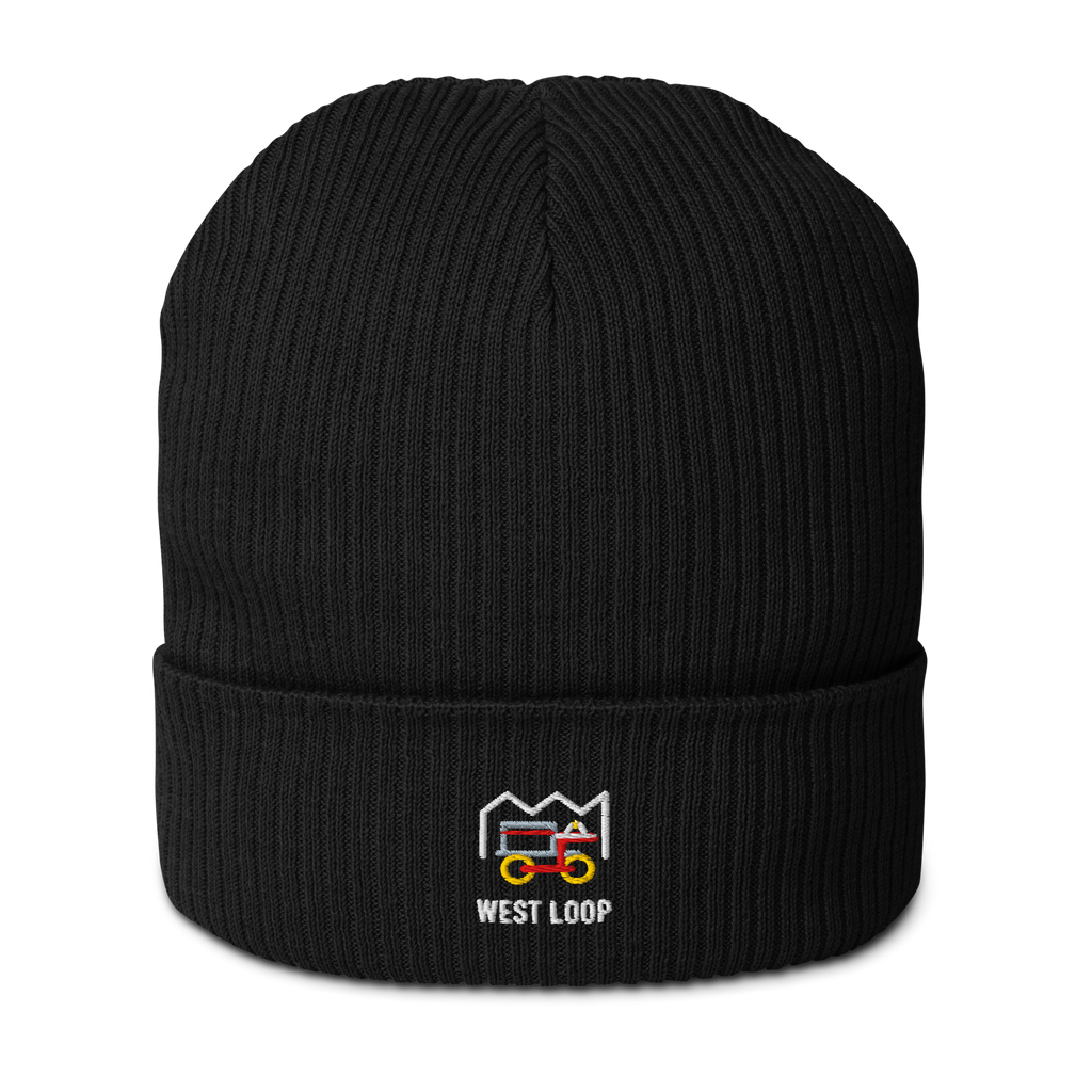 West Loop organic ribbed beanie in Black, front view - Chicago Neighborhood Series