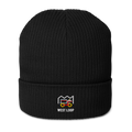 West Loop organic ribbed beanie in Black, front view - Chicago Neighborhood Series
