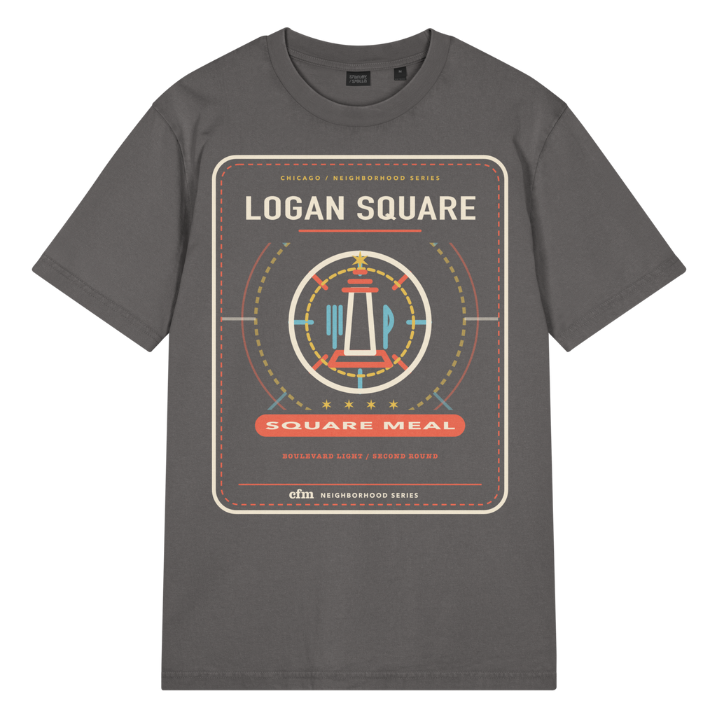 Logan Square garment-dyed t-shirt in G. Dyed Anthracite, front view - Chicago Neighborhood Series