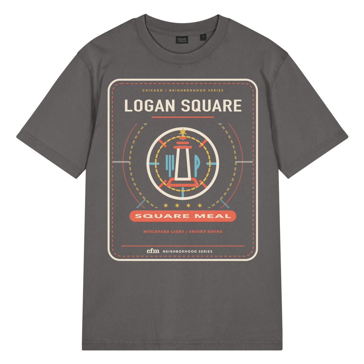 Logan Square garment-dyed t-shirt in G. Dyed Anthracite, front view - Chicago Neighborhood Series