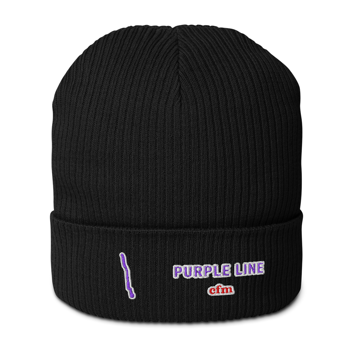 Chicago Purple Line organic ribbed beanie with cream-outlined route embroidery and CFM logo