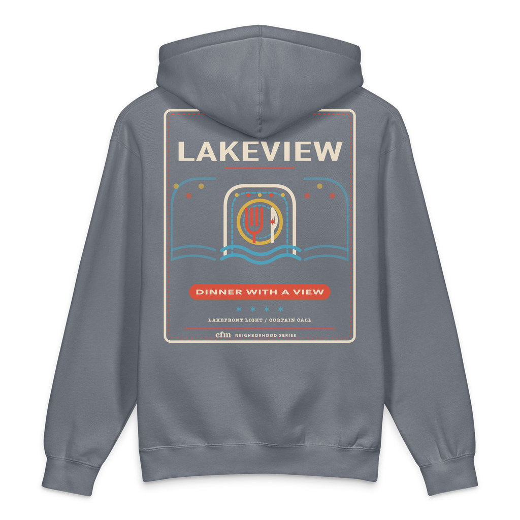 Lakeview heavyweight hoodie in Storm Blue, back view - Chicago Neighborhood Series