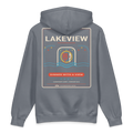 Lakeview heavyweight hoodie in Storm Blue, back view - Chicago Neighborhood Series
