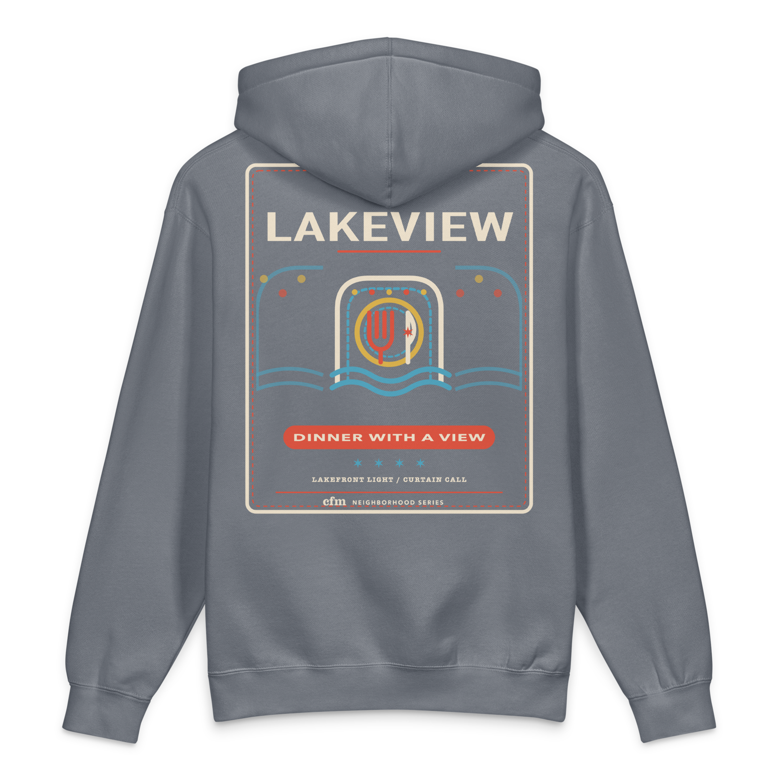 Lakeview heavyweight hoodie in Storm Blue, back view - Chicago Neighborhood Series