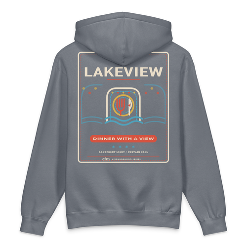 Lakeview heavyweight hoodie in Storm Blue, back view - Chicago Neighborhood Series