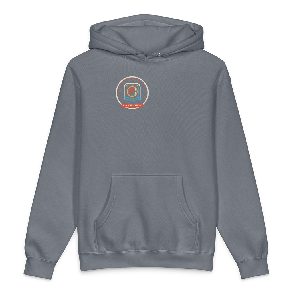 Lakeview heavyweight hoodie in Storm Blue, front view - Chicago Neighborhood Series