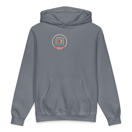 Lakeview heavyweight hoodie in Storm Blue, front view - Chicago Neighborhood Series