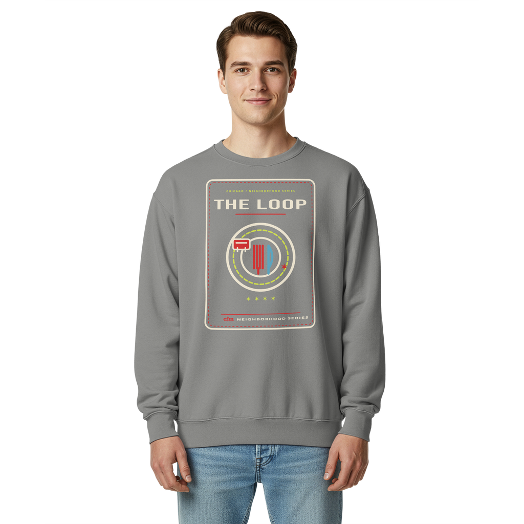 The Loop garment-dyed crewneck in Grey, front view - Chicago Neighborhood Series