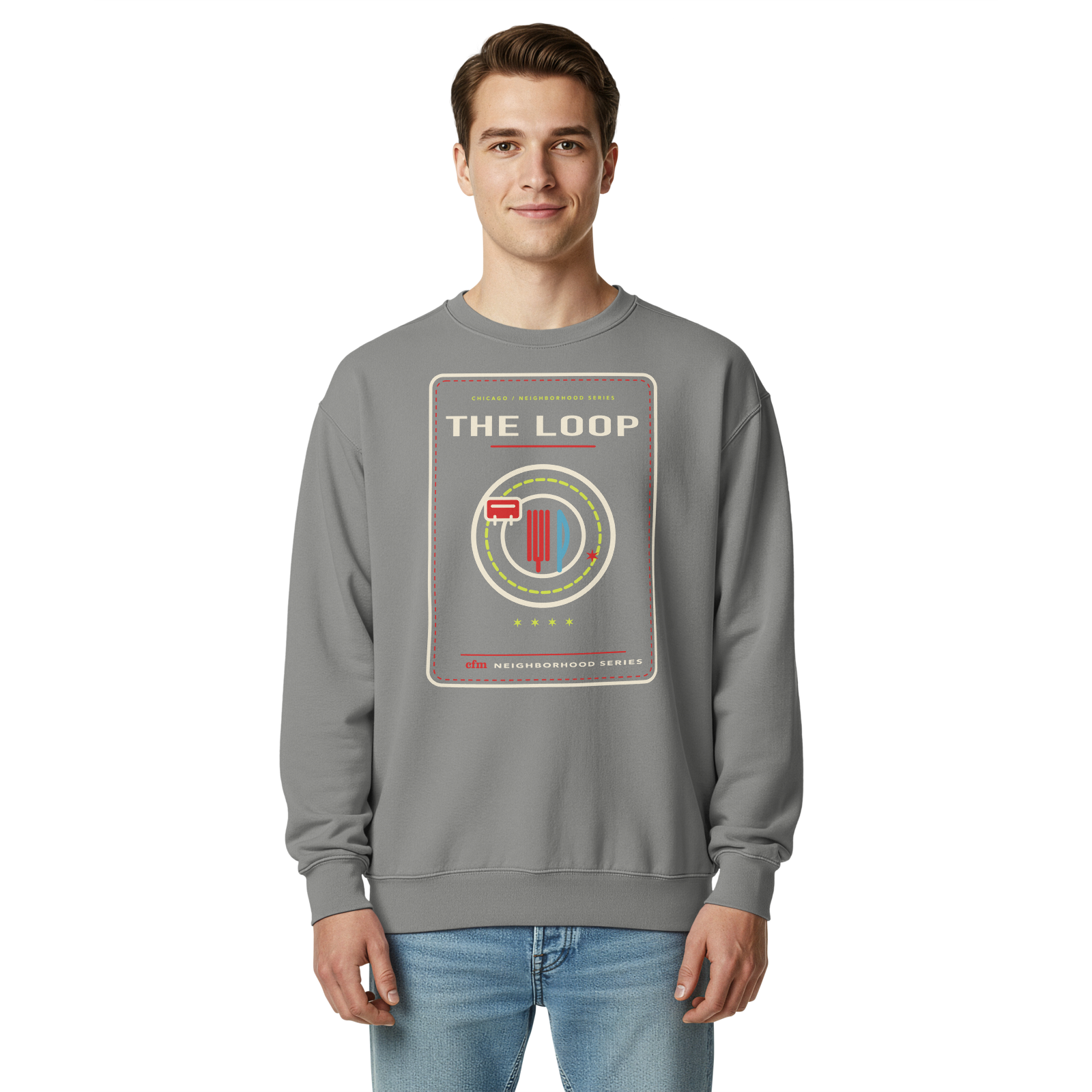 The Loop garment-dyed crewneck in Grey, front view - Chicago Neighborhood Series