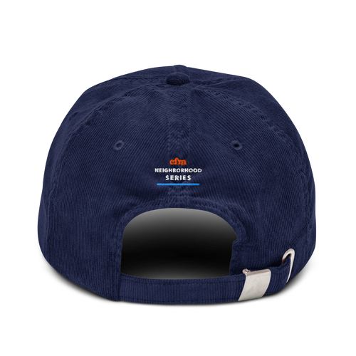Lakeview corduroy cap in Oxford Navy, back view - Chicago Neighborhood Series