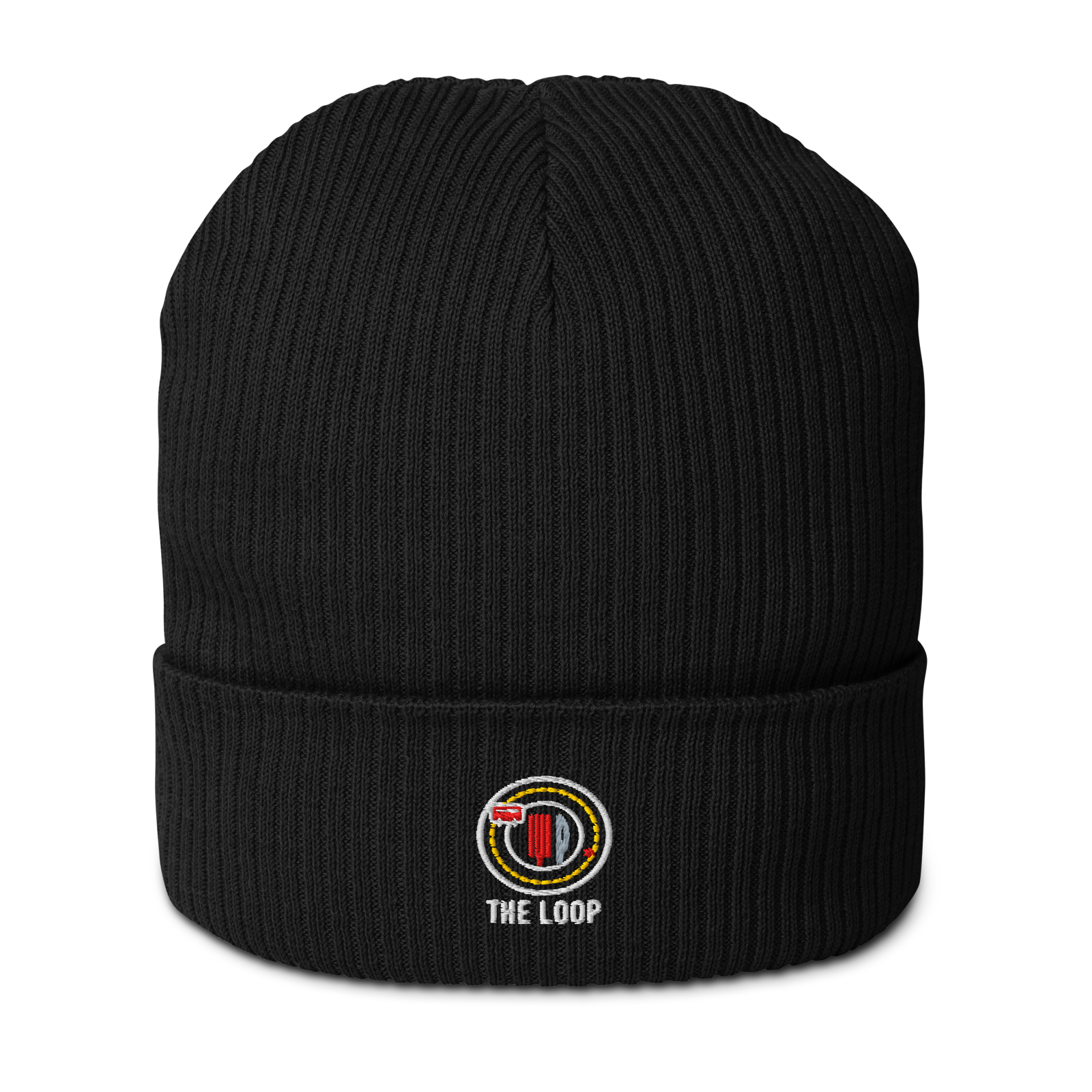 The Loop organic ribbed beanie in Black, front view - Chicago Neighborhood Series