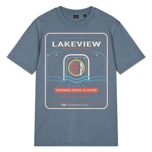 Lakeview garment-dyed t-shirt in G. Dyed Deep Teal, front view - Chicago Neighborhood Series