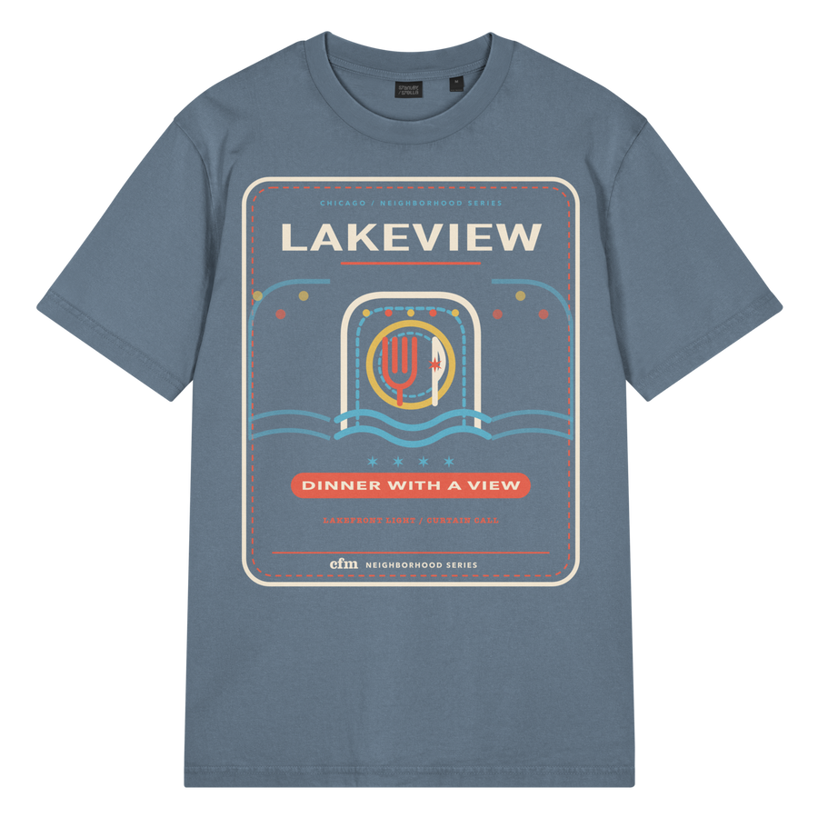 Lakeview garment-dyed t-shirt in G. Dyed Deep Teal, front view - Chicago Neighborhood Series