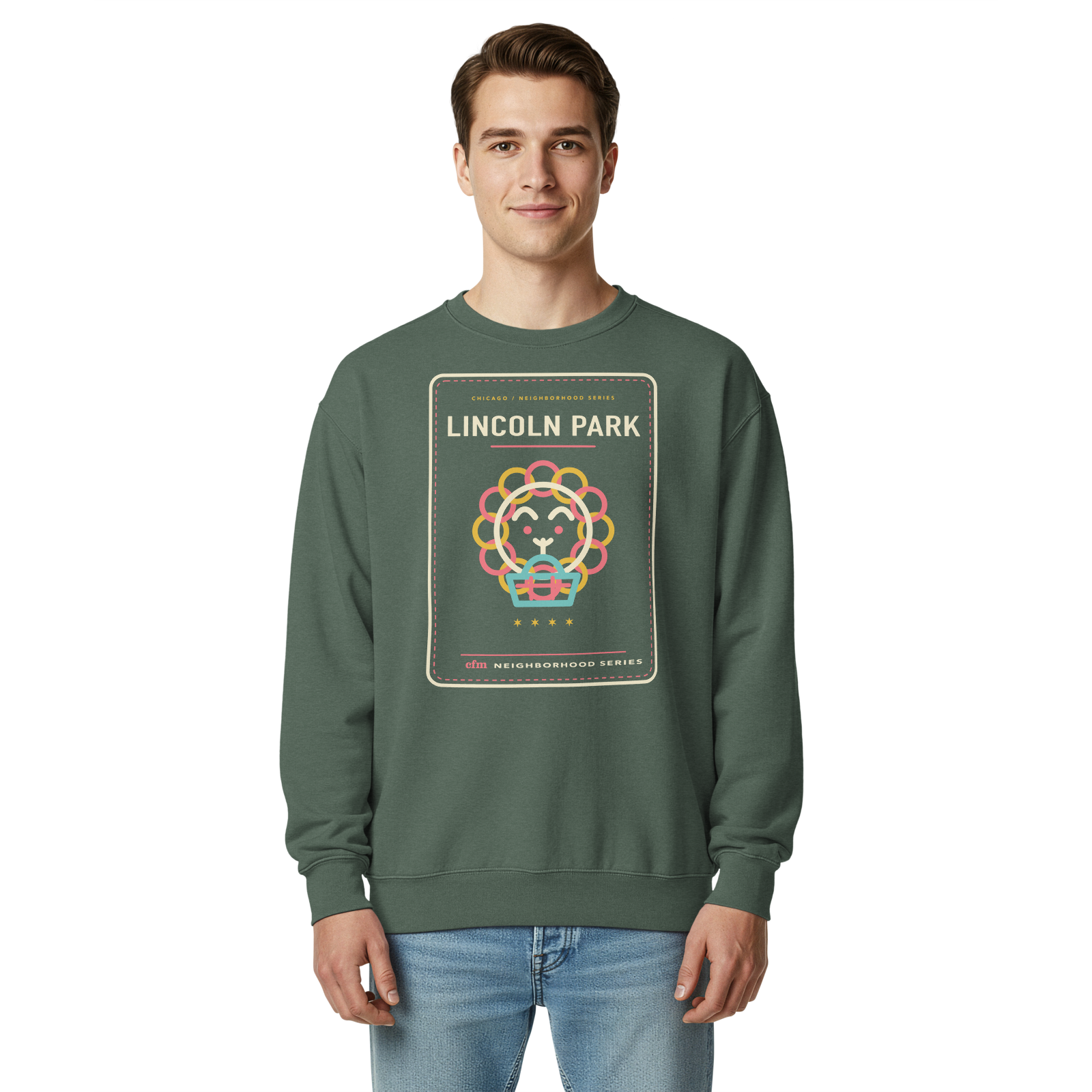 Lincoln Park garment-dyed crewneck in Blue Spruce, front view - Chicago Neighborhood Series