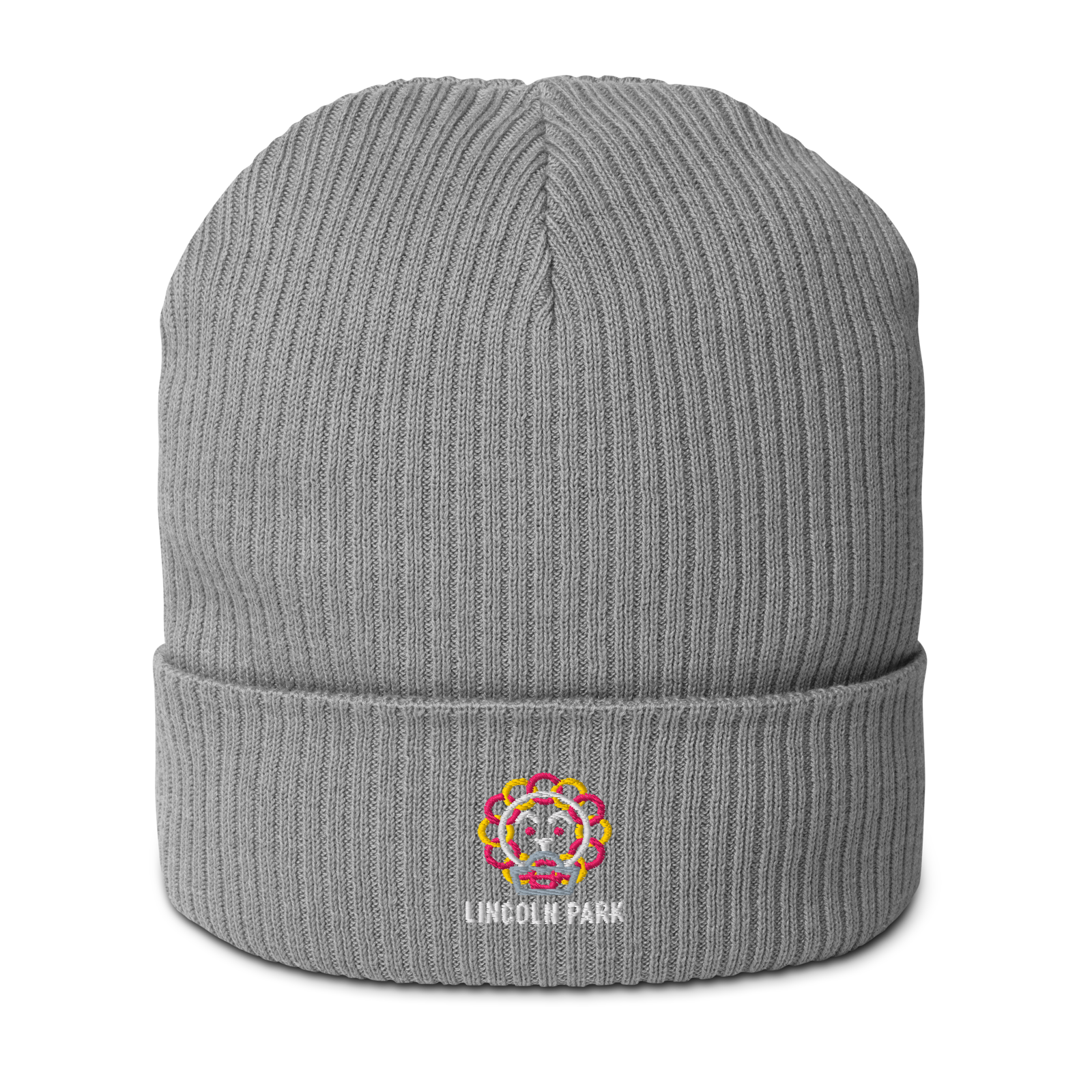 Lincoln Park organic ribbed beanie in Light Grey, front view - Chicago Neighborhood Series