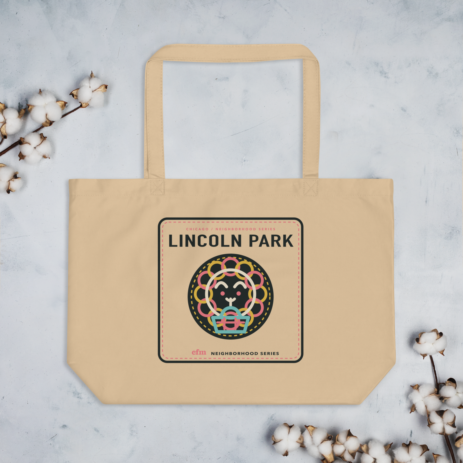Lincoln Park large organic market tote in Oyster, front view - Chicago Neighborhood Series