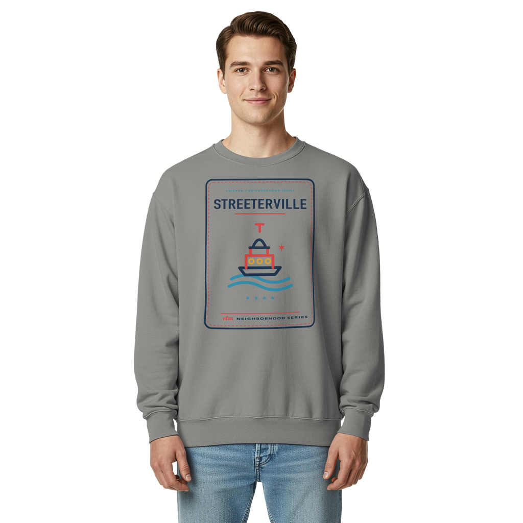 Streeterville garment-dyed crewneck in Grey, front view - Chicago Neighborhood Series
