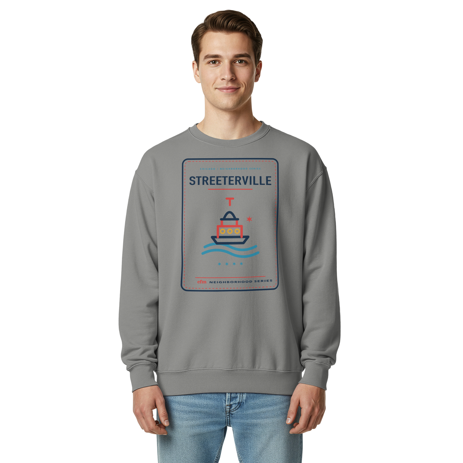 Streeterville garment-dyed crewneck in Grey, front view - Chicago Neighborhood Series
