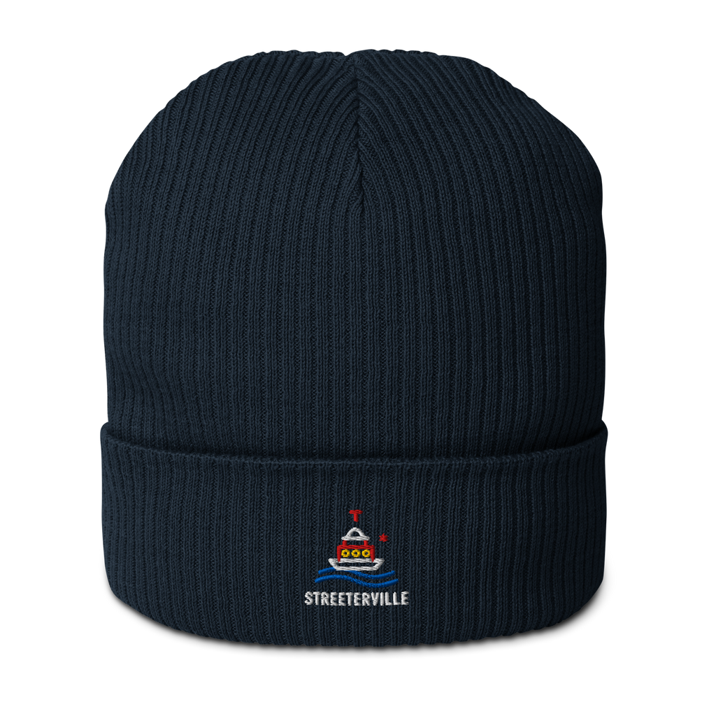 Streeterville organic ribbed beanie in Oxford Navy, front view - Chicago Neighborhood Series