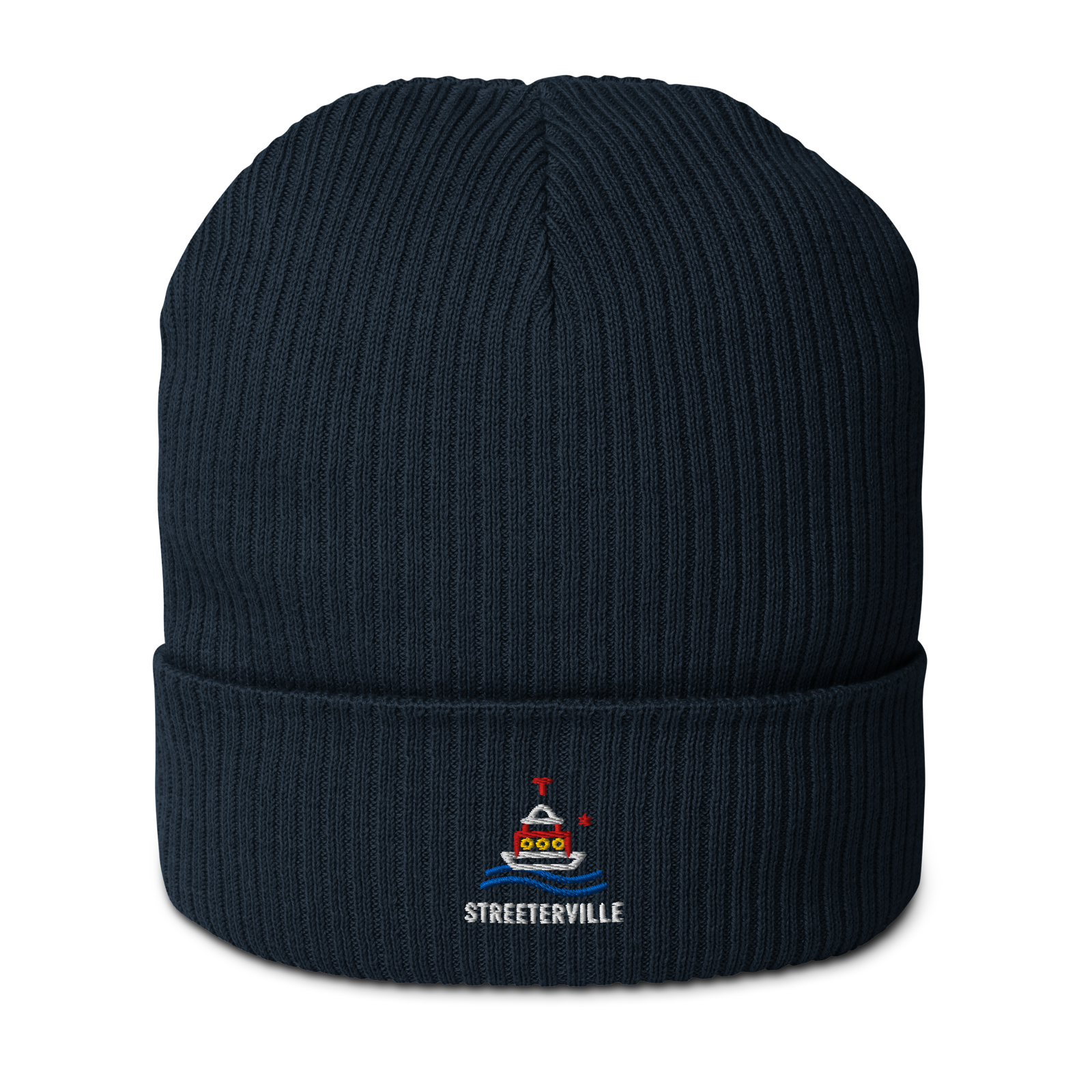 Streeterville organic ribbed beanie in Oxford Navy, front view - Chicago Neighborhood Series