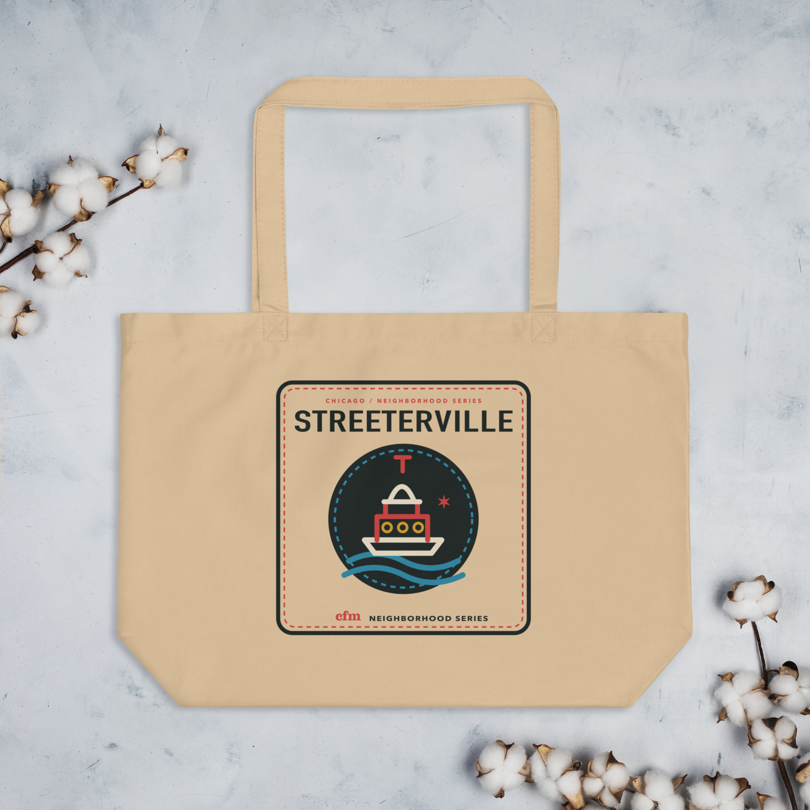 Streeterville large organic market tote in Oyster, front view - Chicago Neighborhood Series