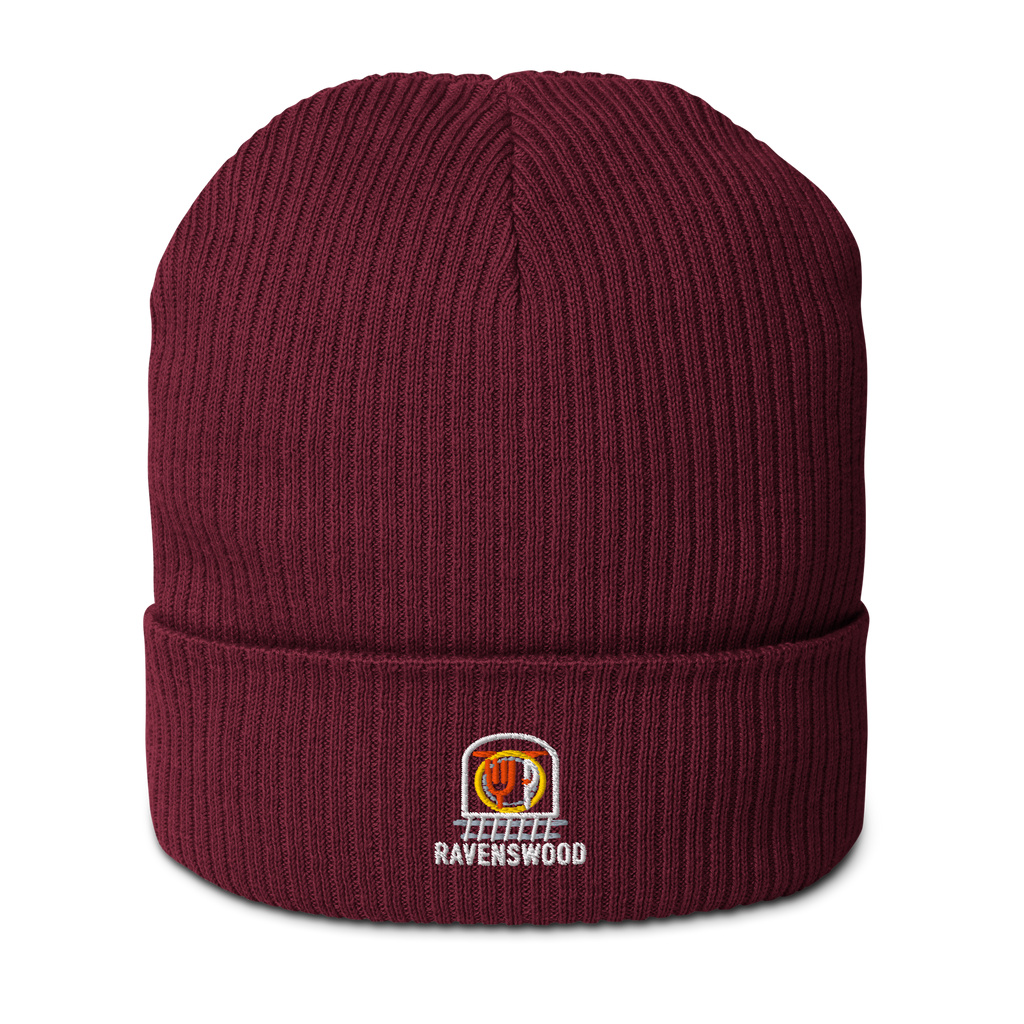 Ravenswood organic ribbed beanie in Burgundy, front view - Chicago Neighborhood Series