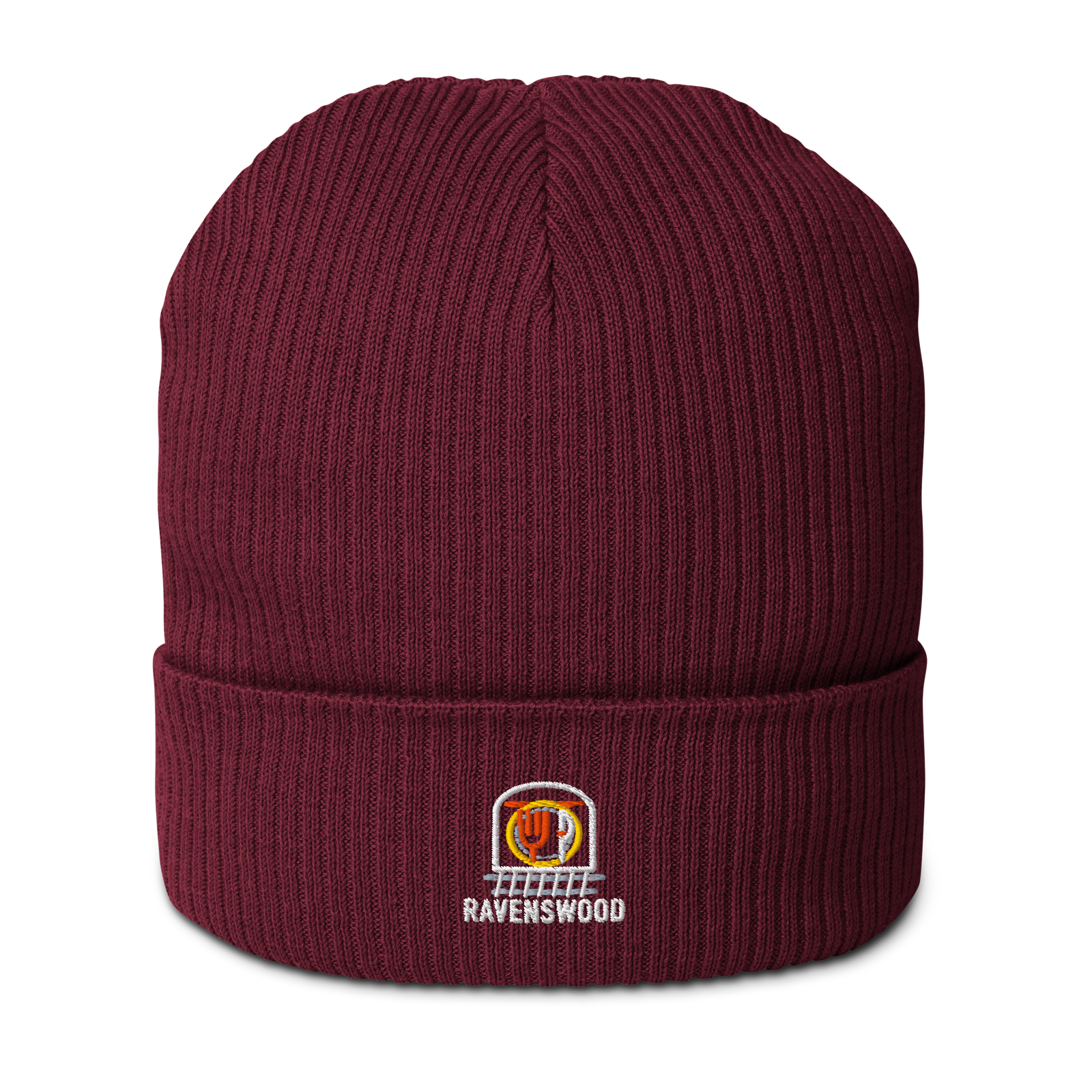Ravenswood organic ribbed beanie in Burgundy, front view - Chicago Neighborhood Series