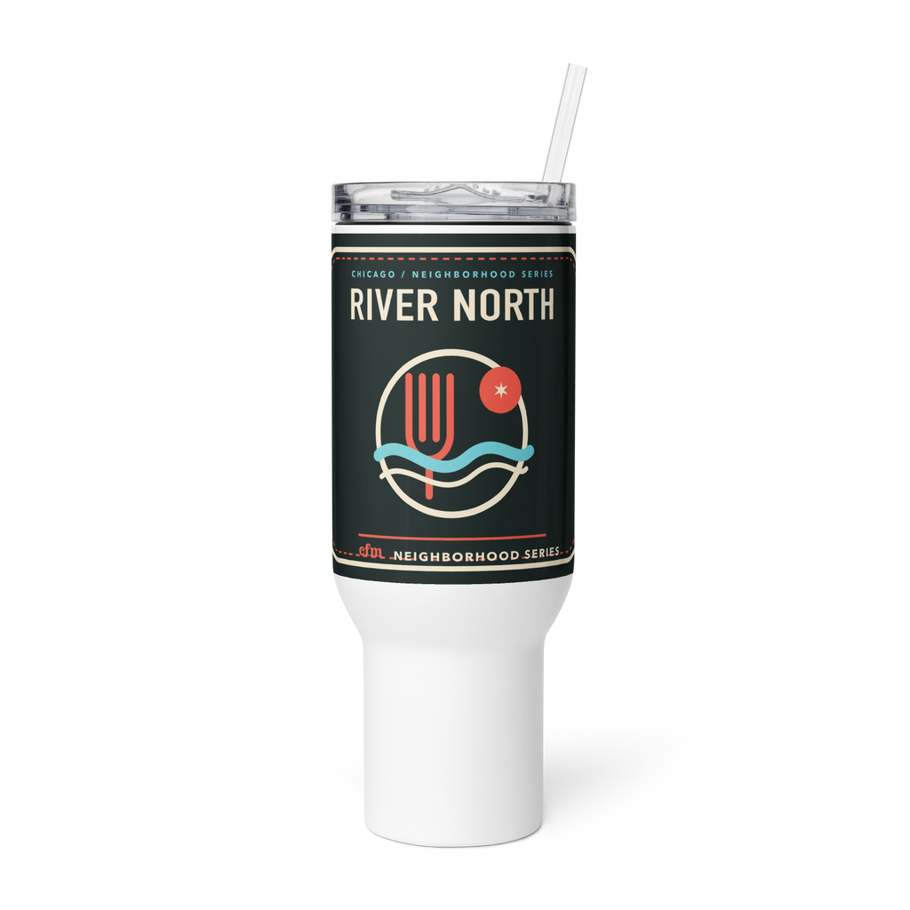 River North 40 oz travel mug in White, product view - Chicago Neighborhood Series