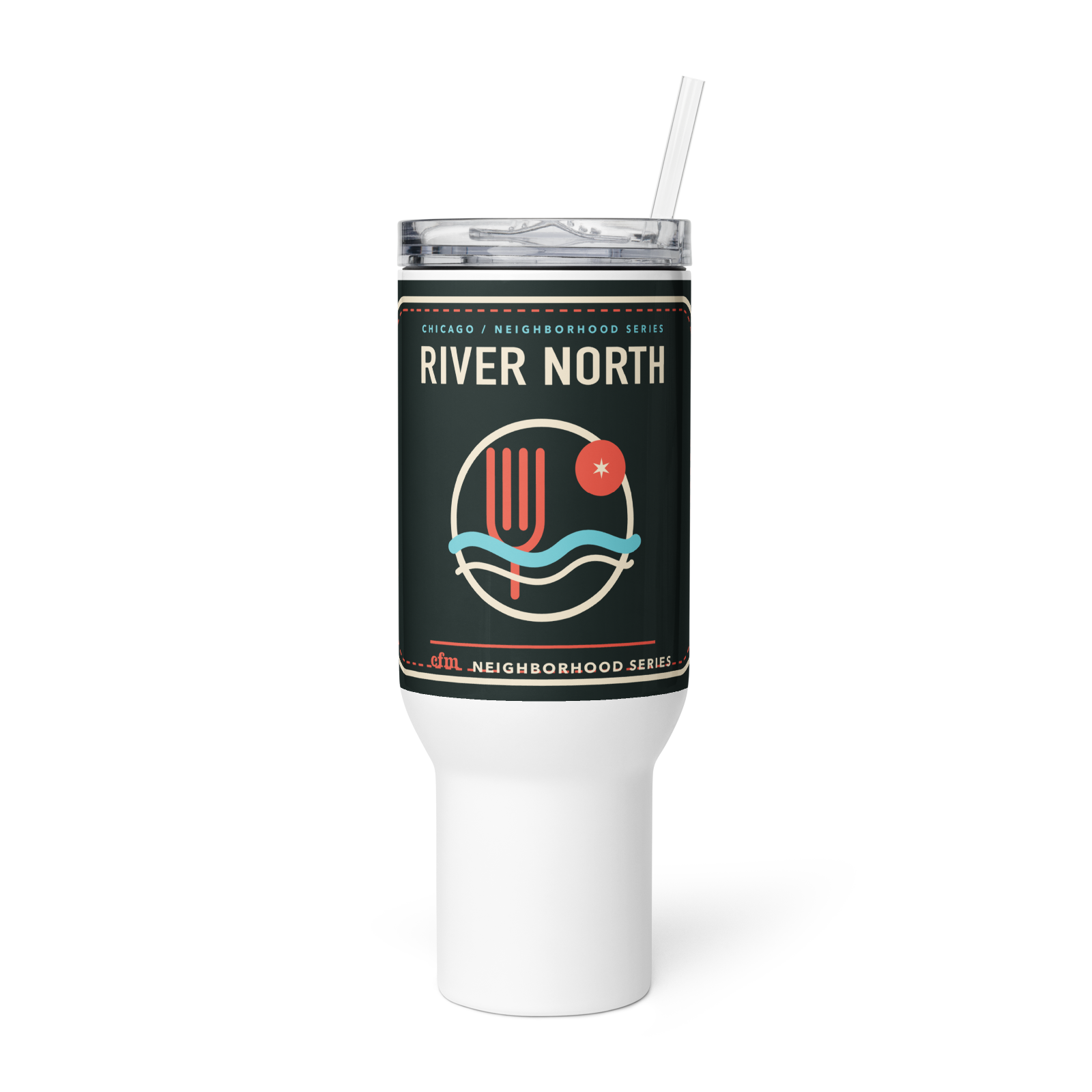 River North 40 oz travel mug in White, product view - Chicago Neighborhood Series