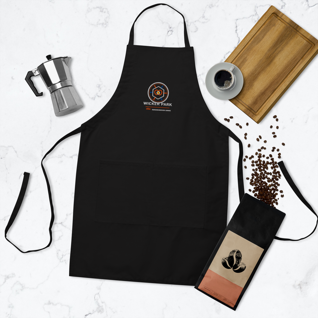 Wicker Park embroidered chef apron in Black, front view - Chicago Neighborhood Series